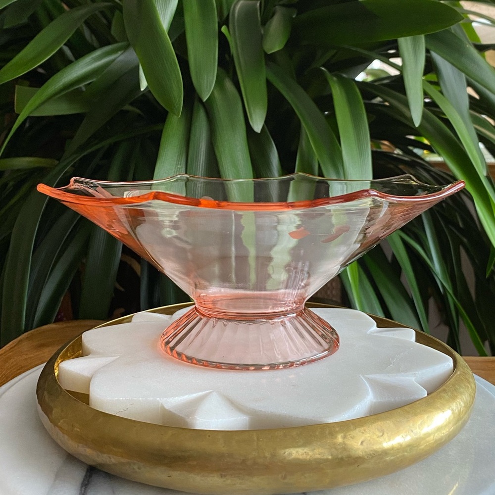 Depression Glass Lancaster Floral Etched Octagon Pedestal Candy Console Bowl